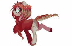 Size: 1280x812 | Tagged: safe, artist:apple_nettle, artist:shuryashish, imported from derpibooru, oc, oc only, pony, clothes, floral head wreath, flower, glasses, looking at you, raised hoof, solo, sweater