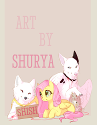 Size: 938x1209 | Tagged: safe, artist:apple_nettle, artist:shuryashish, imported from derpibooru, fluttershy, dog, pony, rabbit, blushing, heart eyes, wingding eyes