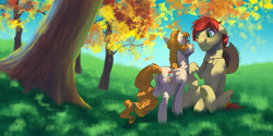 Size: 2000x1000 | Tagged: safe, artist:joan-grace, imported from derpibooru, bright mac, pear butter, earth pony, pony, the perfect pear, brightbutter, couple, cowboy hat, dappled sunlight, eye contact, female, grass, hat, looking at each other, male, mare, shipping, smiling, stallion, stetson, straight, tree, underhoof