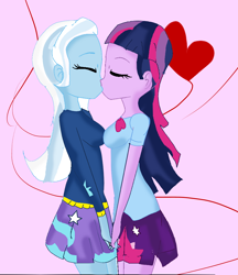 Size: 910x1052 | Tagged: safe, artist:monnief123, artist:soni8888, imported from derpibooru, trixie, twilight sparkle, human, equestria girls, base used, clothes, duo, female, hoodie, kiss on the lips, kissing, lesbian, shipping, skirt, twixie