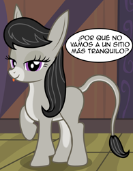 Size: 1962x2514 | Tagged: safe, artist:badumsquish, derpibooru exclusive, imported from derpibooru, octavia melody, donkey, :p, bedroom eyes, burroctavia, cute, dialogue, donkified, female, flirting, looking at you, music donkey, pale belly, raised hoof, show accurate, smiling, solo, spanish, species swap, talking to viewer, tongue out, translated in the comments, two toned coat, two-tone coat