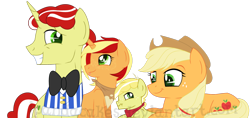 Size: 1600x758 | Tagged: safe, artist:ipandacakes, imported from derpibooru, applejack, flim, oc, oc:apple spritz, oc:lil' buck, earth pony, pony, unicorn, colt, female, filly, flimjack, male, offspring, parent:applejack, parent:flim, parents:flimjack, scrunchy face, shipping, simple background, straight, transparent background