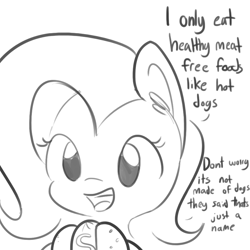 Size: 792x792 | Tagged: safe, artist:tjpones, imported from derpibooru, fluttershy, pegasus, pony, blissful ignorance, dialogue, ear fluff, eating, female, food, grayscale, hot dog, innocent, meat, monochrome, painfully innocent fluttershy, ponies eating meat, sausage, simple background, solo, this will end in sickness, this will end in tears, white background