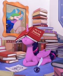 Size: 914x1100 | Tagged: safe, artist:rodrigues404, imported from derpibooru, princess celestia, princess luna, twilight sparkle, alicorn, pony, :i, book, book hat, bookhorse, crown, cup, cute, drinking, facebook, facebooking, female, horn impalement, how to, i have done nothing productive all day, jewelry, luna is not amused, majestic as fuck, mare, ponyloaf, procrastination, prone, quill, regalia, royal sisters, silly, silly pony, tea, teacup, that pony sure does love books, twiabetes, twilight sparkle (alicorn), unamused, you're doing it wrong