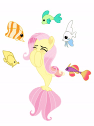 Size: 1536x2048 | Tagged: safe, artist:joshstacy, imported from derpibooru, fluttershy, angelfish, butterfly fish, fish, seapony (g4), tropical fish, my little pony: the movie, adorkable, blushing, cute, dork, eyes closed, female, laughing, mare, seaponified, seapony fluttershy, shyabetes, simple background, solo, species swap, white background