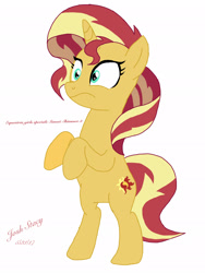 Size: 1536x2048 | Tagged: safe, artist:joshstacy, imported from derpibooru, sunset shimmer, pony, unicorn, equestria girls, mirror magic, spoiler:eqg specials, bipedal, female, in the human world for too long, mare, simple background, solo, standing, white background
