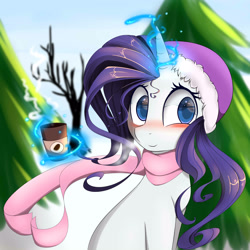 Size: 3000x3000 | Tagged: safe, artist:posionjoke, imported from derpibooru, rarity, pony, unicorn, blushing, coffee, cup, cute, female, hat, levitation, magic, simple background, smiling, solo, steam, telekinesis, winter