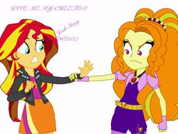 Size: 2048x1536 | Tagged: safe, artist:joshstacy, imported from derpibooru, adagio dazzle, sunset shimmer, equestria girls, rainbow rocks, cursive writing, duo, grabbing, hand grab, jewelry, simple background, white background