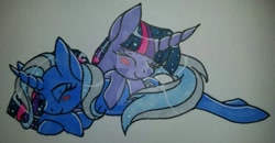 Size: 1023x530 | Tagged: source needed, safe, artist:bleedingwings12, imported from derpibooru, trixie, twilight sparkle, pony, unicorn, blushing, eyes closed, female, lesbian, mare, shipping, traditional art, twixie, watermark