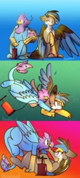 Size: 1278x2823 | Tagged: safe, artist:doqfood, imported from derpibooru, oc, oc only, oc:gertrude, oc:gyro feather, oc:gyro tech, griffon, comic, floating, griffonized, inflatable, inflation, pool toy, pounce, pump, species swap, tackle
