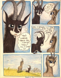 Size: 1080x1372 | Tagged: safe, artist:thefriendlyelephant, imported from derpibooru, oc, oc only, oc:sabe, oc:uganda, antelope, giant sable antelope, comic:sable story, africa, animal in mlp form, confused, horns, mountain, savanna, speech bubble, thought bubble, traditional art