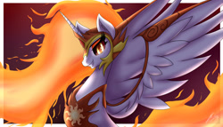 Size: 2924x1676 | Tagged: safe, artist:nexcoyotlgt, imported from derpibooru, daybreaker, alicorn, pony, a royal problem, evil grin, female, grin, helmet, looking at you, mare, smiling, solo