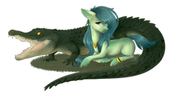 Size: 1870x985 | Tagged: safe, artist:monogy, imported from derpibooru, oc, oc only, oc:saltwater tears, crocodile, earth pony, pony, female, mare, prone, solo