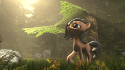 Size: 3840x2160 | Tagged: safe, artist:jeff556, imported from derpibooru, oc, oc only, oc:cold gray, earth pony, pony, 3d, boulder, female, forest, grass, mare, plants, rock, shadow, solo, source filmmaker, the sun is a deadly laser, tree, volumetric light