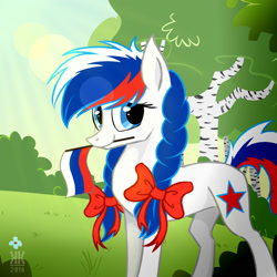 Size: 2000x2000 | Tagged: safe, artist:lol-katrina, imported from derpibooru, oc, oc only, oc:marussia, earth pony, pony, birch, birch tree, bow, braid, female, flag, hair bow, mare, nation ponies, ponified, russia, scenery, solo, tree