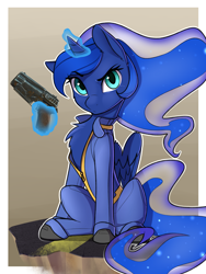 Size: 1800x2400 | Tagged: safe, artist:captainpudgemuffin, imported from derpibooru, princess luna, alicorn, pony, two best sisters play, 10mm pistol, adorasexy, chest fluff, clothes, crossover, cute, fallout, fallout 4, female, glowing, glowing horn, gun, horn, jumpsuit, lunabetes, magic, mare, sexy, sitting, solo, telekinesis, vault suit, weapon