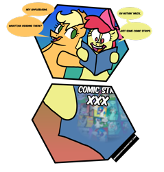 Size: 1024x1069 | Tagged: safe, artist:sneshneeorfa, imported from derpibooru, apple bloom, applejack, pony, comic, comic book, simple background, transparent background