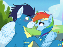 Size: 2048x1536 | Tagged: safe, artist:pimpartist101, imported from derpibooru, rainbow dash, soarin', pegasus, pony, blushing, clothes, cloud, female, looking at each other, male, mare, multicolored hair, shipping, sky, smiling, soarindash, stallion, straight, sweat, uniform, wonderbolts, wonderbolts uniform