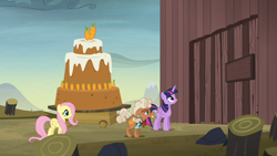 Size: 1920x1080 | Tagged: safe, imported from derpibooru, screencap, fluttershy, ma hooffield, twilight sparkle, alicorn, earth pony, pegasus, pony, the hooffields and mccolts, cake, carrot, food, gate, hooffield family, trojan cake, trojan horse, twilight sparkle (alicorn)