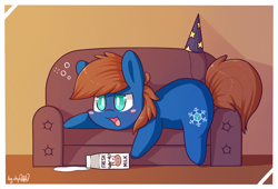 Size: 1728x1177 | Tagged: safe, artist:dsp2003, imported from derpibooru, oc, oc only, oc:chillycube, earth pony, pony, blush sticker, blushing, couch, drunk, food, hat, male, milk, party hat, style emulation