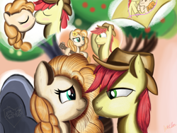 Size: 1024x768 | Tagged: safe, artist:theunconsistentone, imported from derpibooru, bright mac, pear butter, pony, the perfect pear, blushing, brightbutter, cutie mark, drawing, female, flashback, guitar, hat, heart, kissing, looking at each other, male, rock, shipping, signature, straight, tree