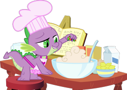 Size: 5000x3555 | Tagged: safe, artist:dashiesparkle, imported from derpibooru, spike, dragon, just for sidekicks, season 3, absurd resolution, batter, book, bowl, chef's hat, cookbook, egg (food), food, gem, grin, hat, high res, jewel cake, lemon, male, milk, simple background, singing, smiling, solo, transparent background, vector