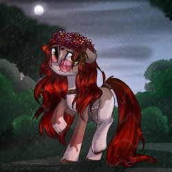 Size: 2000x2000 | Tagged: safe, artist:mp-printer, imported from derpibooru, oc, oc only, earth pony, pony, female, floppy ears, flower, flower in hair, forest, glasses, jewelry, mare, necklace, rain, scenery, solo, tail wrap, unshorn fetlocks