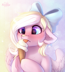 Size: 1050x1160 | Tagged: safe, artist:andyfirelife, artist:fenwaru, imported from derpibooru, oc, oc only, oc:bay breeze, pegasus, pony, abstract background, blushing, bow, cheek fluff, commission, cute, ear fluff, eating, female, fluffy, food, gradient eyes, hair bow, hoof hold, ice cream, ice cream cone, licking, mare, ocbetes, shoulder fluff, solo, tongue out, ych result