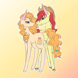 Size: 895x895 | Tagged: safe, artist:pndrws, imported from derpibooru, bright mac, pear butter, earth pony, pony, the perfect pear, brightbutter, cowboy hat, female, freckles, hat, looking at each other, male, mare, simple background, smiling, stallion, stetson