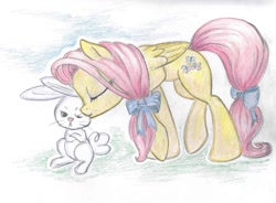 Size: 1024x753 | Tagged: safe, artist:grokostimpy, imported from derpibooru, angel bunny, fluttershy, pony, alternate hairstyle, cheek kiss, cute, kiss on the cheek, kissing, ponytail, tail wrap, traditional art