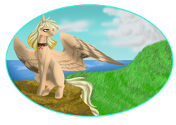 Size: 1024x724 | Tagged: safe, artist:oneiria-fylakas, imported from derpibooru, oc, oc only, pegasus, pony, choker, female, mare, mountain, ocean, sitting, solo