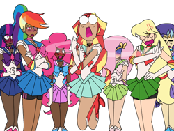 Size: 640x480 | Tagged: safe, edit, imported from derpibooru, applejack, fluttershy, pinkie pie, rainbow dash, rarity, sunset shimmer, twilight sparkle, human, abuse, applejerk, baka, barrette, blushing, booty shorts, clothes, compression shorts, cross-popping veins, dark skin, drool, eyes closed, faic, female, hair over one eye, hairclip, human coloration, humanized, inner senshi, legs, magical girl, mane six, sailor moon, sailor senshi, sailor uniform, scene interpretation, shimmerbuse, skirt, skirt lift, slap, spanking, sweat, sweatdrop, vein bulge