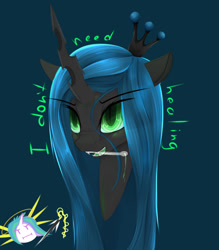 Size: 700x800 | Tagged: safe, artist:chapaevv, imported from derpibooru, princess celestia, queen chrysalis, alicorn, changeling, changeling queen, pony, :i, bust, crossover, cute, cutealis, female, i need healing, mare, mercy, mercylestia, overwatch, portrait, quadrupedal, simple background