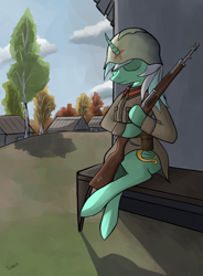 Size: 2800x3800 | Tagged: safe, artist:sinniepony, imported from derpibooru, lyra heartstrings, pony, unicorn, avs-36, clothes, female, gun, helmet, military, military pony, military uniform, nap, rifle, russia, russian, soldier, solo, soviet, uniform, village, weapon, world war ii