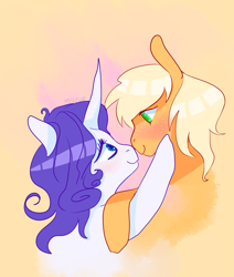 Size: 1865x2201 | Tagged: safe, artist:mazuuur, imported from derpibooru, applejack, rarity, earth pony, pony, unicorn, blushing, boop, duo, female, lesbian, looking at each other, noseboop, rarijack, shipping, simple background