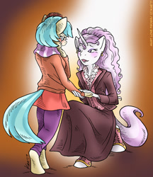 Size: 951x1100 | Tagged: safe, artist:kaemantis, imported from derpibooru, coco pommel, fleur-de-lis, anthro, earth pony, unguligrade anthro, clothes, commission, crying, female, fleur-de-coco, lesbian, mare, marriage proposal, shipping, size difference, smiling, tears of joy