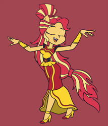 Size: 1542x1800 | Tagged: safe, artist:khuzang, imported from derpibooru, sunset shimmer, dance magic, equestria girls, spoiler:eqg specials, beautiful, clothes, commission, cute, dancing, dress, eyes closed, female, flamenco dress, happy, high heels, ponied up, pony ears, red background, shimmerbetes, shoes, simple background, skirt, smiling, solo, sunset shimmer flamenco dress