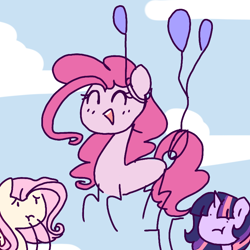 Size: 768x768 | Tagged: safe, artist:windymils, imported from derpibooru, fluttershy, pinkie pie, twilight sparkle, earth pony, pegasus, pony, unicorn, :t, balloon, cloud, doodle, eyes closed, female, floating, mare, smiling, then watch her balloons lift her up to the sky, trio