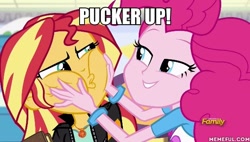 Size: 600x340 | Tagged: safe, edit, edited screencap, imported from derpibooru, screencap, pinkie pie, sunset shimmer, equestria girls, mirror magic, spoiler:eqg specials, female, geode of empathy, geode of sugar bombs, image macro, imminent kissing, lesbian, magical geodes, meme, memeful.com, shipping, sunsetpie