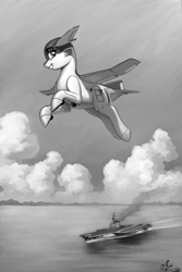 Size: 900x1350 | Tagged: safe, artist:amarynceus, imported from derpibooru, oc, oc only, oc:ruffle, original species, plane pony, pony, aircraft carrier, commission, female, flying, grayscale, grin, mare, monochrome, plane, ship, smiling, solo