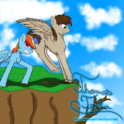 Size: 1280x1280 | Tagged: safe, artist:thiefdsaara1, artist:thomas tesla, imported from derpibooru, rainbow dash, oc, oc:thomas tesla, pony, angry, cliff, fear, fear of flying, pushing, rump push, teaching