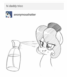 Size: 1076x1232 | Tagged: safe, artist:trickydick, imported from derpibooru, oc, oc only, oc:hattsy, pony, ask, grayscale, grin, monochrome, smiling, solo, spray bottle, tumblr