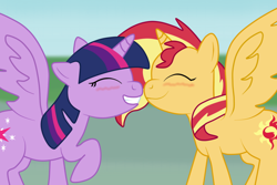 Size: 800x534 | Tagged: safe, artist:fj23pk, imported from derpibooru, sunset shimmer, twilight sparkle, alicorn, pony, alicornified, blushing, boop, cute, eyes closed, female, lesbian, noseboop, race swap, shimmerbetes, shimmercorn, shipping, sunsetsparkle, twiabetes, twilight sparkle (alicorn)