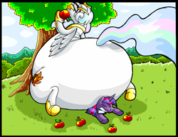 Size: 900x695 | Tagged: safe, artist:virus-20, imported from derpibooru, princess celestia, twilight sparkle, pony, apple, bottom heavy, butt, chubbylestia, fat, food, inflation, plot