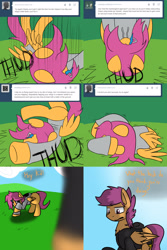 Size: 2560x3840 | Tagged: safe, artist:jake heritagu, imported from derpibooru, scootaloo, pegasus, pony, comic:ask motherly scootaloo, ask, blood, comic, factory scootaloo, hairpin, motherly scootaloo, scootaloo can't fly, sweatshirt