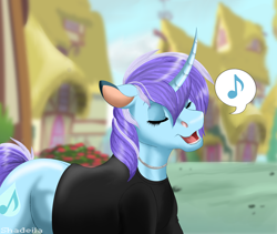 Size: 2360x1992 | Tagged: safe, artist:shadeila, imported from derpibooru, oc, oc only, oc:aqua song, pony, unicorn, clothes, curved horn, female, mare, singing, solo