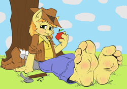 Size: 1280x901 | Tagged: safe, artist:arcadias, artist:kuroi-wolf, imported from derpibooru, braeburn, anthro, plantigrade anthro, 4 toes, ankles, apple, barefoot, bedroom eyes, big feet, blushing, boots, braebetes, clothes, colored sketch, cute, discarded clothing, feet, fetish, food, foot fetish, grass, looking at you, male, male feet, shoes, socks, soles, solo, sweat, toes, tree