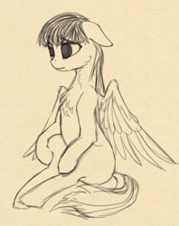 Size: 910x1148 | Tagged: safe, artist:lunebat, imported from derpibooru, pegasus, pony, chest fluff, female, mare, monochrome, sad, sitting, sketch, solo, wings