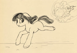 Size: 2341x1617 | Tagged: safe, artist:lunebat, imported from derpibooru, pony, female, fireball, mare, monochrome, panic, running, sketch, solo