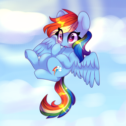 Size: 1500x1500 | Tagged: safe, artist:lnspira, imported from derpibooru, rainbow dash, pegasus, pony, blushing, chibi, cloud, cute, dashabetes, female, flying, mare, solo, starry eyes, wingding eyes